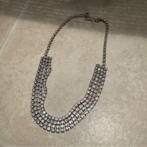 Four Rows of Sparkly Stones Set in Silver Toned Metal Choker Necklace Retro